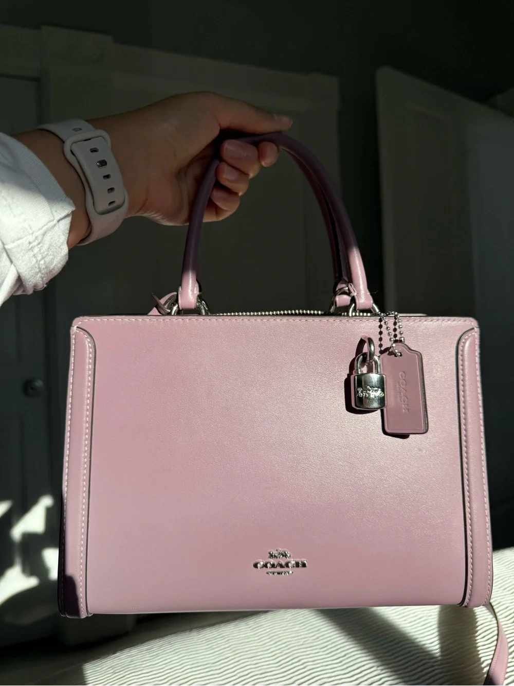 Coach Zoe Carryall Lilac Leather Satchel with Silver Padlock Charm